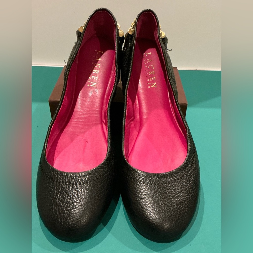Lauren Ralph Lauren Black Pebbled Leather Ballet Flats with Pink Insole